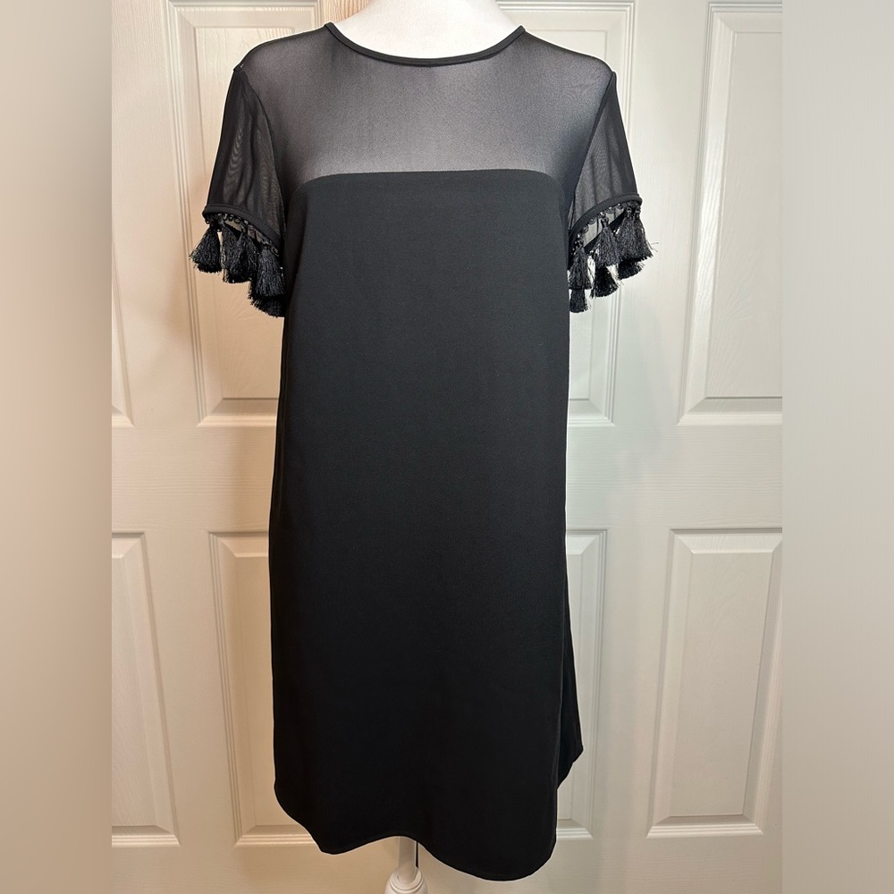 Lulus Shift Dress Mesh and Tassel Sleeves, black, size Small